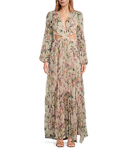 ASTR The Label Revery Floral Print V-Neck Long Sleeve Side Cut-Out Thigh High Slit Pleated Maxi Dress
