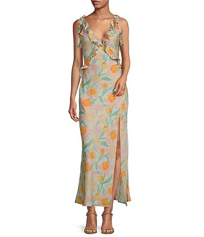 ASTR the Label Sorbae Floral Print Ruffle V-Neck Sleeveless Side Slit Maxi Dress