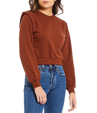 ASTR the Label Sparrow Exaggerated Shoulder Pad Crew Neck Long Blouson Sleeve Statement Sweater