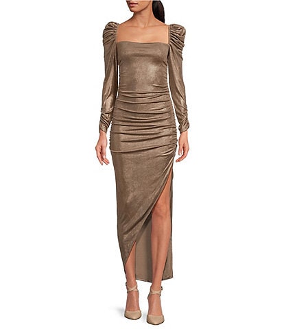 ASTR the Label Vanozza Metallic Knit Square Neck Long Puffed Sleeve High Slit Asymmetrical Hem Dress