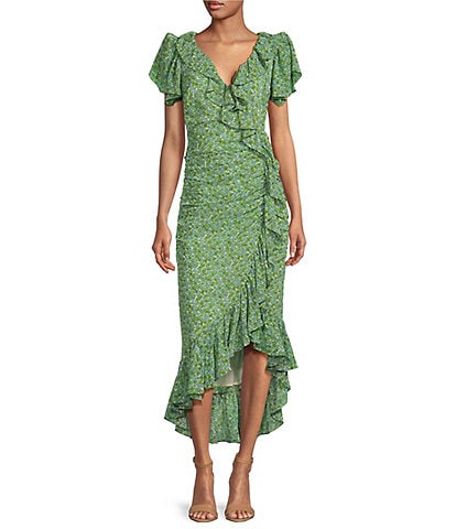 ASTR the Label Vilma Floral Print V Neck Short Sleeve Ruffle Midi Dress