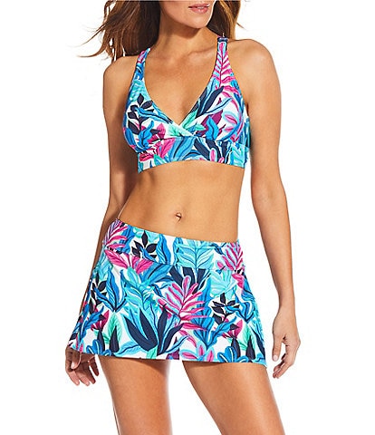 Athena Next by Athena  Leaf Print V-Neck X-Back 25 Minute Sports Bra Swim Top & Rainforest Courtside Pleated Back Swim Skirt