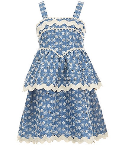 Ava & Yelly Big Girls 7-16 Sleeveless Printed Eyelet Ric Rac Drop Waist Dress