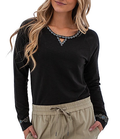 Aventura Arctic Whisper Embroidered Crew Neck V-Notch Raglan Sleeve Top