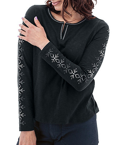 Aventura Brielle Knit Embroidered Split Round Neck Long Sleeve Top