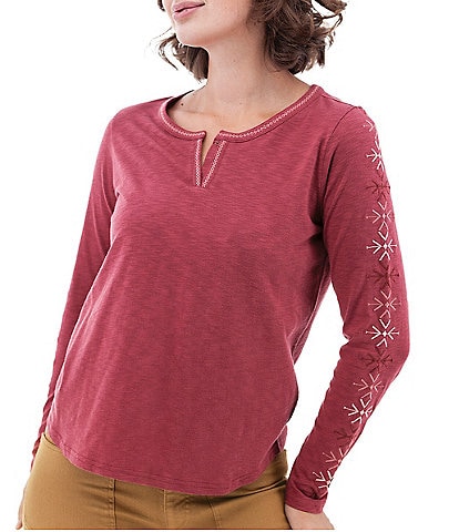 Aventura Brielle Knit Embroidered Split Round Neck Long Sleeve Top