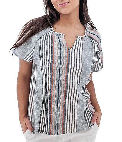 Aventura Selma Woven Gauze Stripe Print Split V-Notch Neck Short Sleeve Top