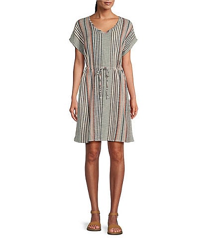 Aventura Selma Woven Organic Cotton Stripe Print V-Neck Short Dolman Sleeve Drawcord Waist Dress