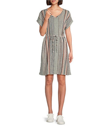 Aventura Selma Woven Organic Cotton Stripe Print V-Neck Short Dolman Sleeve Drawcord Waist Dress