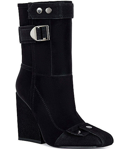 Azalea Wang Allona Lizard Embossed Cap Toe Wedge Mid Boots