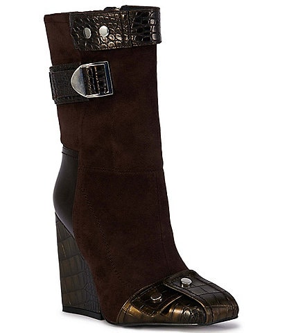 Azalea Wang Allona Patchwork Croco Accent Hardware Detail Cap Toe Mid Calf Boots