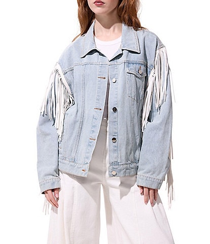 Azalea Wang Alra Fringe Point Collar Button Front Denim Jacket
