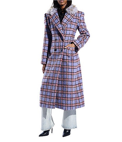 Azalea Wang Alyssa Faux Fur Lavender Plaid Shawl Collar Tailored Fit Button Front Coat