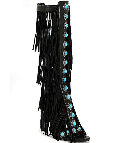 Azalea Wang Amadeo Turquoise Studded Fringed Shaft Gladiator Sandals