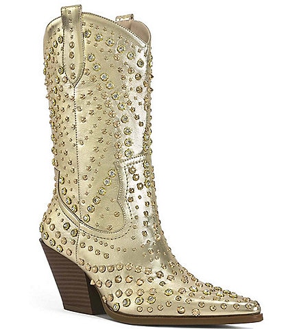 Azalea Wang Appease Metallic Studded Crystal Rhinestone Western Mid Boots