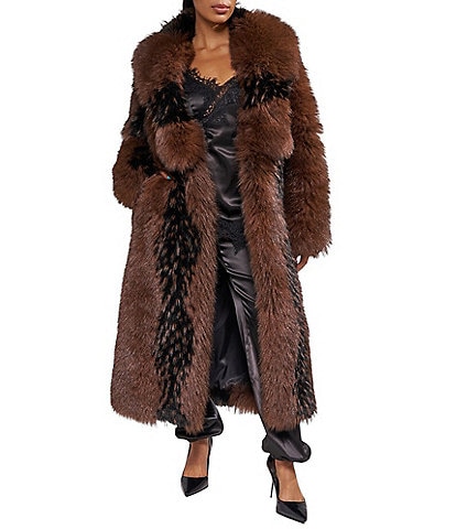 Azalea Wang Aurora Chocolate Pattern Shawl Collar Oversize Maxi Faux Fur Coat