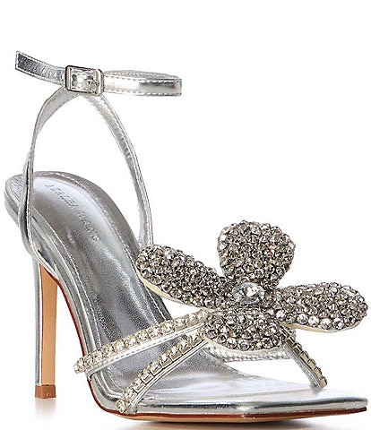 Azalea Wang Bevie Metallic Rhinestone Flower Ankle Strap Dress Sandals