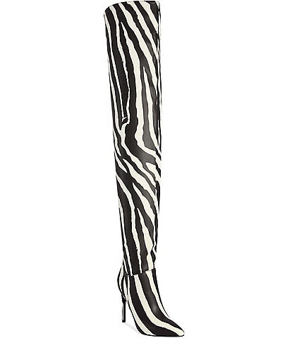Azalea Wang Bombshell Zebra Print Pointed Toe Thigh High Boots