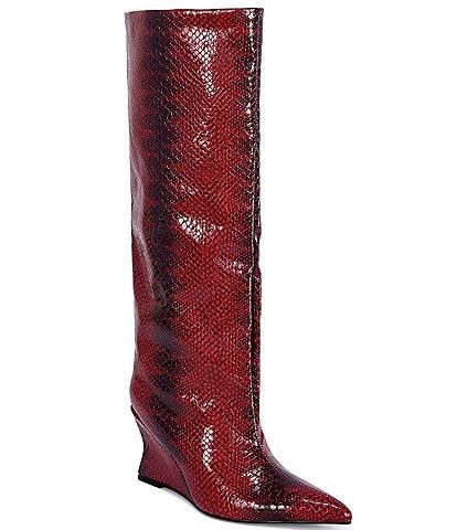 Azalea Wang Brun Snake Print Pointed Toe Wedge Tall Boots