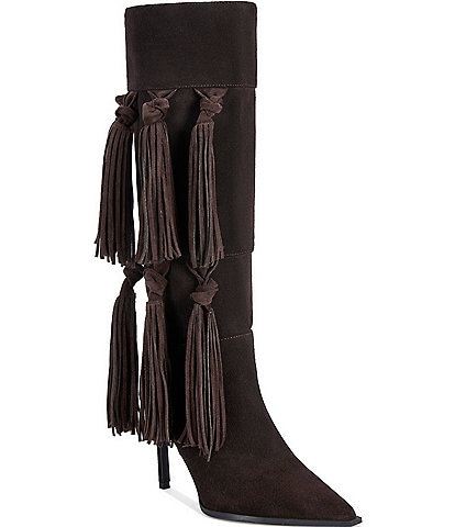 Azalea Wang Cabrera Suede Tassel Fringe Pointed Toe Tall Boots