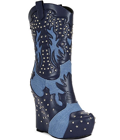 Azalea Wang Callia Studded Denim Overlasted Platform Wedge Booties