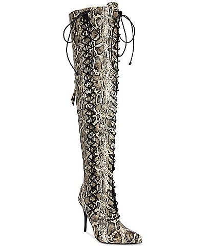 Azalea Wang Calyx Snake Print Laced Over The Knee Boots