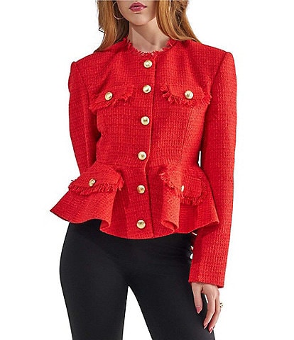 Azalea Wang Camber-Red Tweed Fringe Trim Crew Neck Button Front Peplum Jacket