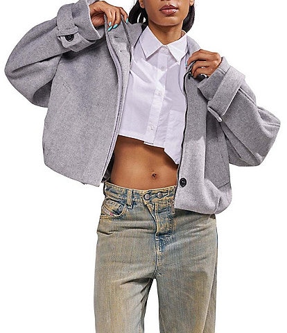 Azalea Wang Colleen Wool Blend Stand Collar Oversize Fit Zip Front Cropped Bomber Jacket