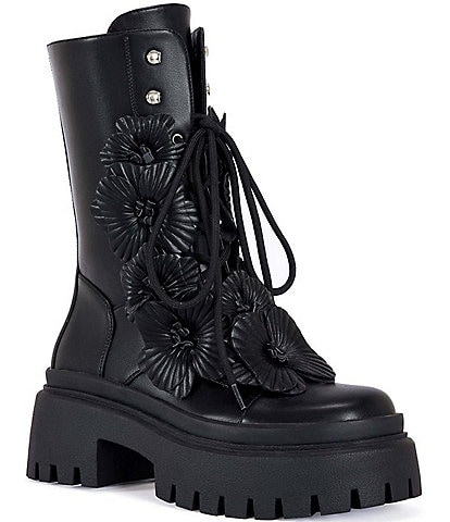 Azalea Wang Devoir 3D Flower Ornament Platform Combat Boots