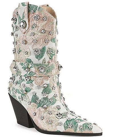 Azalea Wang Diligent Floral Brocade Rhinestone Western Mid Boots