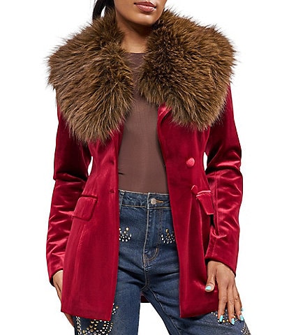 Azalea Wang Elaris Velvet Oversize Collar Faux Fur Trim Button Front Blazer