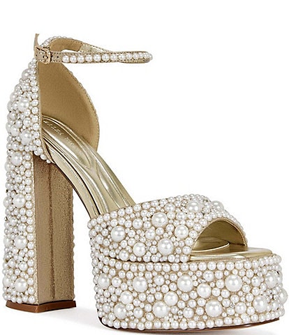 Azalea Wang Elenaor Pearl Embellished Block Heel Platform Dress Sandals