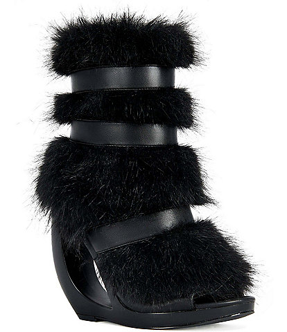 Azalea Wang Eliana Faux Fur Triple Strap Curved Open Wedge Peep Toe Booties