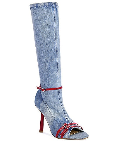 Azalea Wang Emra Denim Buckle Straps Pointed Toe Tall Boots