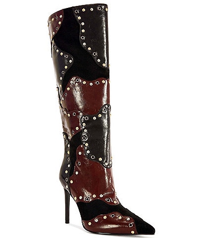 Azalea Wang Enyae Patchwork Grommet Pointed Toe Tall Boots