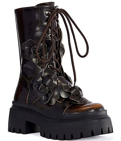 Azalea Wang Etra Applique Flowers Combat Mid Boots
