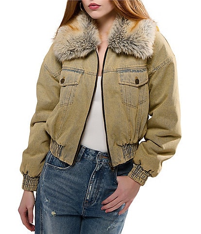 Azalea Wang Evra-Denim Faux Fur Oversize Collar Zip Front Bomber Jacket