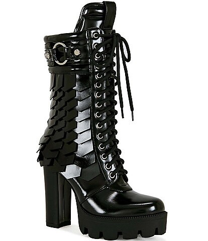 Azalea Wang Gernot Scaled Lace Up Platform Block Heel Mid Calf Boots