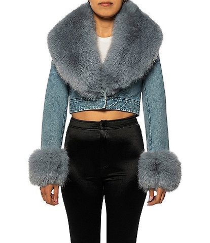 Azalea Wang Gisele Denim Faux Fur Collared Statement Cropped Jacket