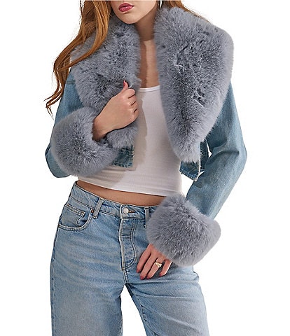 Azalea Wang Gisele Denim Faux Fur Collared Statement Cropped Jacket
