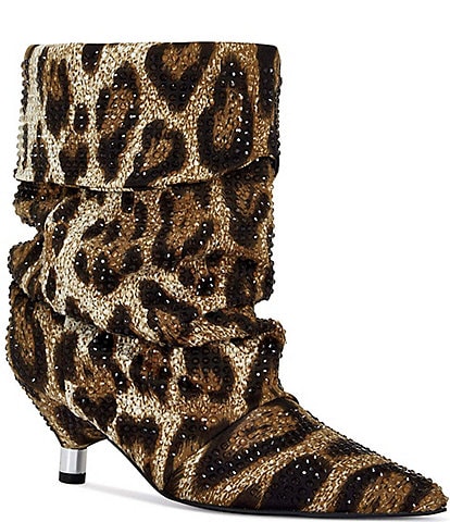 Azalea Wang Grimes Leopard Print Rhinestone Kitten Heel Slouch Mid Boots