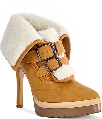 Azalea Wang Gust Faux Shearling Fold Over Cuff Platform Ankle Booties