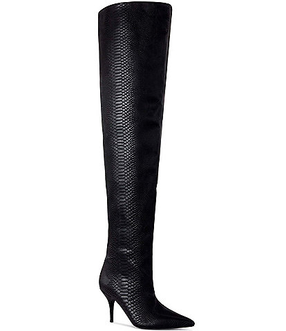 Azalea Wang Halina Snake Print Pointed Toe Thigh High Boots