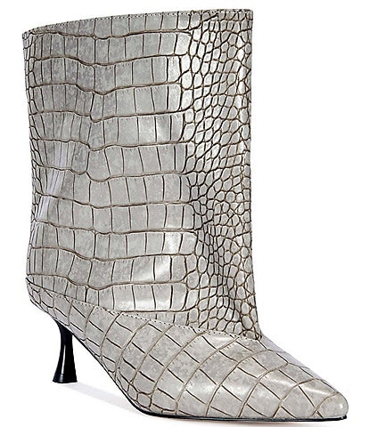 Azalea Wang Hayek Croco Embossed Pointed Toe Kitten Heel Booties