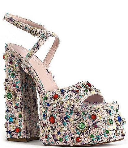 Azalea Wang Hyacinth Tweed Gemstone Embellished Platform Dress Sandals