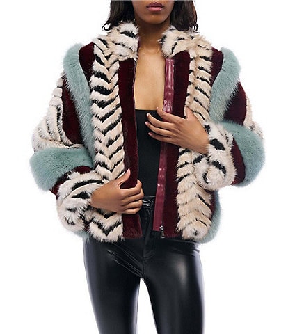 Azalea Wang Inez Striped Faux Fur Collared Filled Statement Jacket