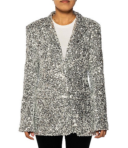 Azalea Wang Isa Sequin Tailored Collar Long Sleeve Button Front Blazer