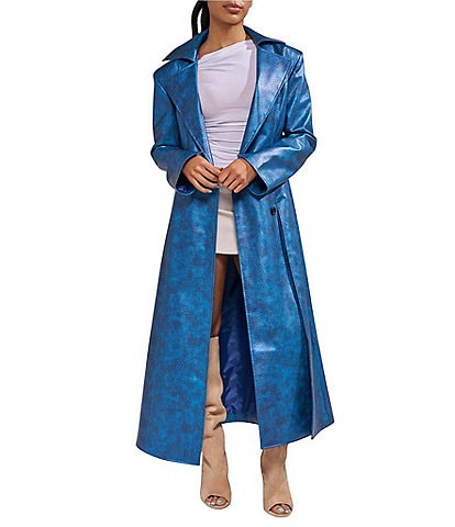 Azalea Wang Kathleen Snake Faux Leather Notch Lapel Button Front Maxi Trench Coat