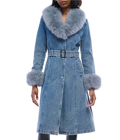 Azalea Wang Kaya Denim Faux Fur Collared Trench Coat