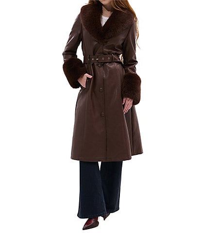 Azalea Wang Kaya Faux Leather Oversize Faux Fur Shawl Collar Belted Snap Front Trench Coat